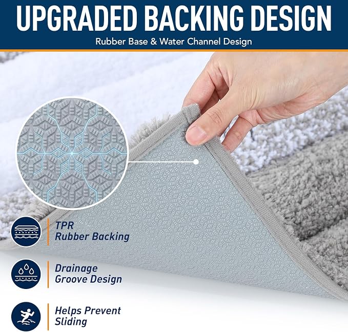 XIYUNTE Thick Bathroom Rug Set of 2 Piece, 32"x20"+24"x16" Extra Soft Microfiber Gray and White Bath Rugs, Quick Dry Super Absorbent Rubber Backing Non Slip Washable Bath Mats for Floor Tub Shower