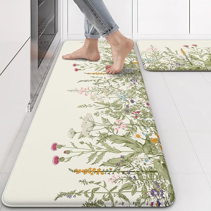MAYHMYO Anti Fatigue Kitchen Mat for Floor Set of 2 Colorful Floral Plants Cute Vintage Comfort Mats Cushioned Non Slip Waterproof Kitchen Rugs Standing Kitchen Mats for Floor House Sink Office