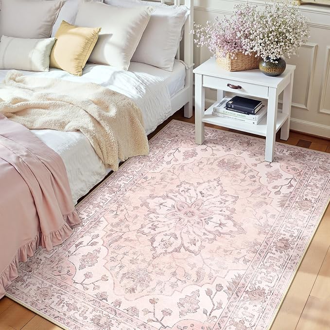 RELEANY Area Rugs 3'x4' Washable Non-Slip, Floral Vintage Distress Medallion Carpet for Living Room Bedroom Dining Room, Pink Greypink Cute