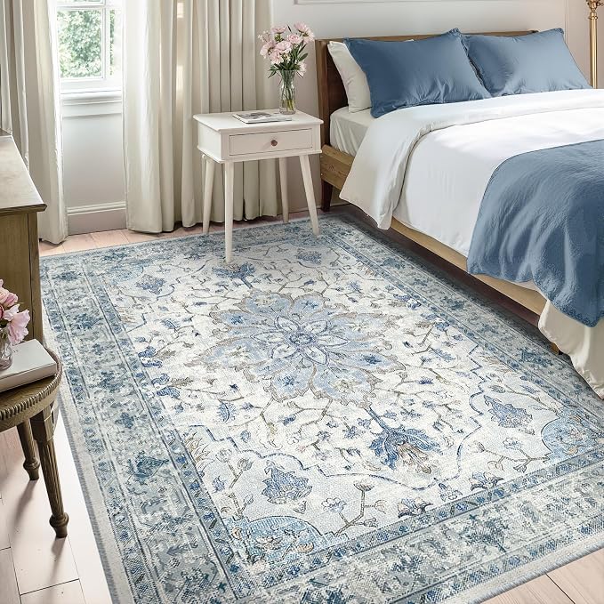 RELEANY Area Rugs 5'x8' Washable Non-Slip, Floral Vintage Distress Medallion Carpet for Living Room Bedroom Dining Room, Light Blue Navy Gray White
