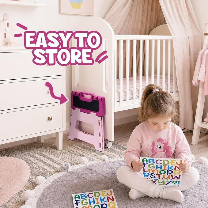 Delxo 9 Inch Folding Step Stool for Kids - Includes 3 Alphabet Letter Stickers & 2 Non-Slip Grip Pads, Sturdy Foldable Foot Stool for Toddlers, Kitchen, Bathroom & Bedroom (Pink)