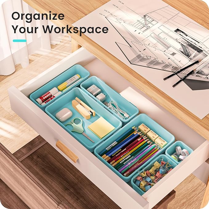 A-LuGei 【Military Grade】 Drawer Organizer, 【𝟱𝗦𝗶𝘇𝗲】 Makeup organizer, 【Holds 177 Items】 Bathroom Organizers and Storage, Organization and Storage, Desk Drawer Organizer for Vanity (Blue)