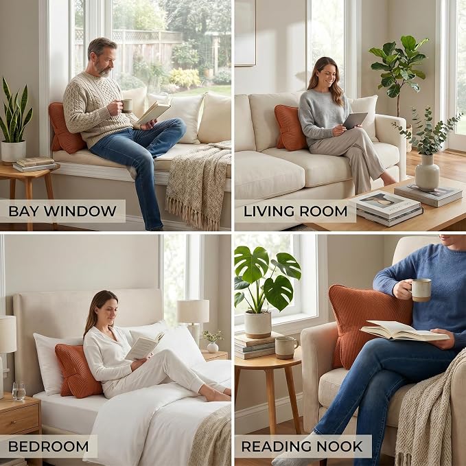 Pat. Pend. Corduroy Back Support Pillow for Bed Sitting and Headboard Support, Lumbar Cushion for Relaxing and Watching TV, Triangle Backrest Pillow, Brick Red
