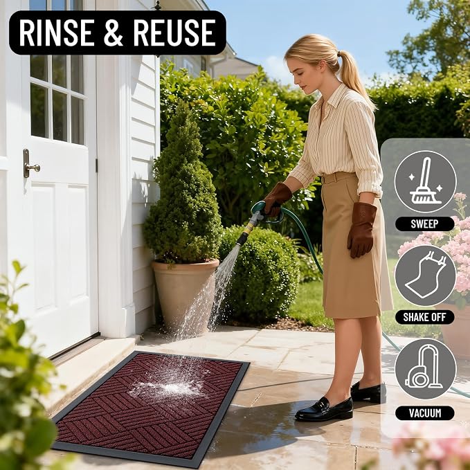 OLANLY Front Door Mat Outside Entrance 33x21, Absorbent, Heavy Duty Sturdy Natural Rubber Doormat Indoor Outdoor, Stain Fade Resistant, Non-Slip Low Profile Floor Mat for Entryway, Burgundy Diamond
