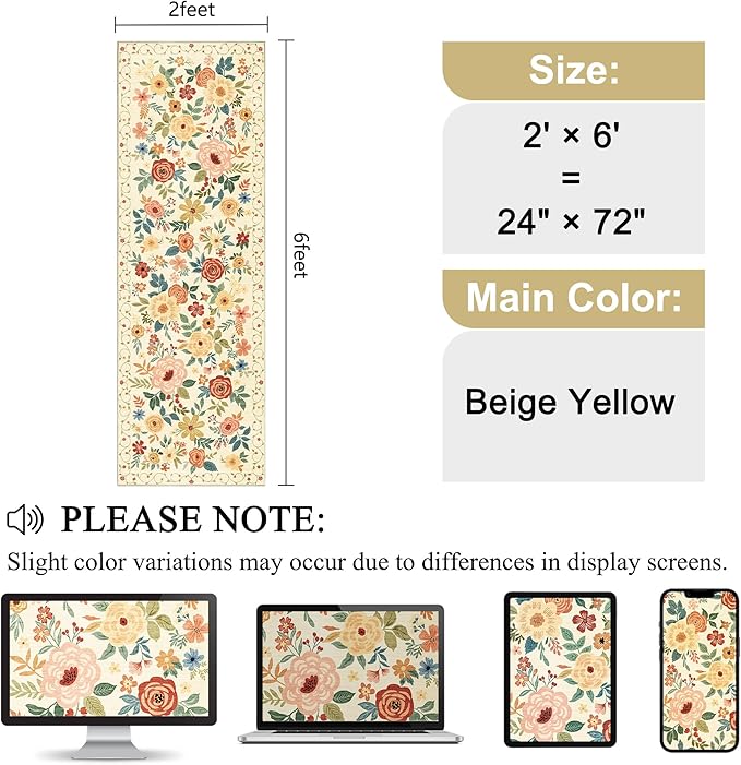 DUKINO 2x6 Runner Rug for Hallway, Washable Kitchen Runner Rug with Non Slip Backing, Low Pile Soft Boho Floral Runner for Kitchen, Hallway, Entryway, Laundry, Bedroom, Beige Yellow
