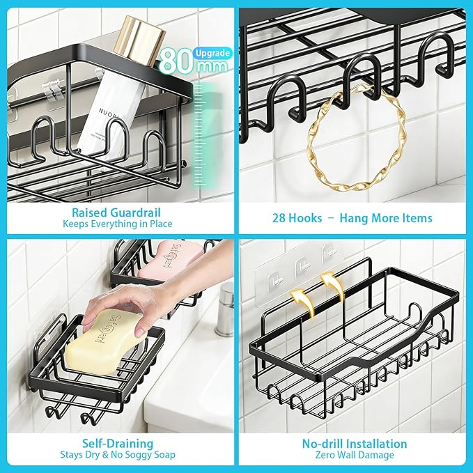 Fammart Adhesive Shower Caddy, 5-Pack Rustproof Stainless Steel Bathroom Organizer with 28 Hooks, No-Drill Large Capacity Shower Shelves for Bathroom Storage & Home Décor, Black