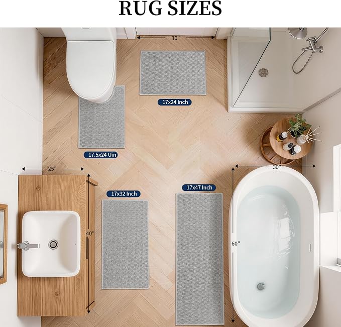 YIHOUSE Gray Bathroom Rugs Sets 4 Piece, Quick Dry Thin Bath Mat with Toilet Rug, Non Slip Absorbent Machine Washable, Bath Runner Rugs for Bathtub Sink Home Decor