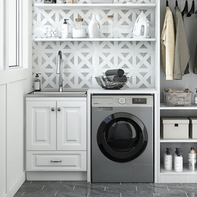 SIMPLIHOME Lawrence All-in-One 24 inch Wide Utility Sink and Laundry Cabinet in Pure White Finish, Transitional Stainless Steel Sink Cabinet for Laundry Rooms with High-Arch Brushed Nickel Faucet