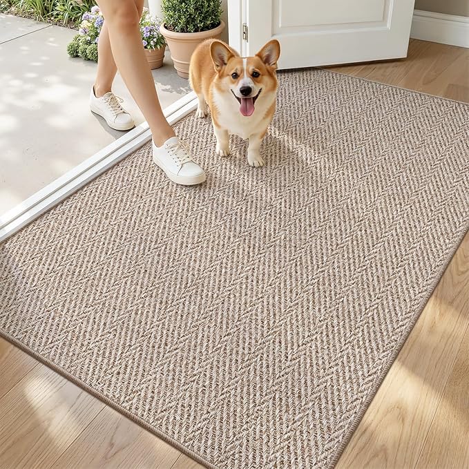 LUMI Ultra Thin Indoor Door Mat for Entrance 36"x56", Non Slip Entryway Mat, Low Profile Doormat, Unique Herringbone Design Carpet for Inside, Patio, Porch, Deep Beige