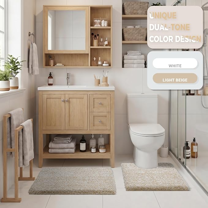 Yimobra Bathroom Rugs Non Slip Washable, Ultra Soft and Water Absorbent Bath Mats, Plush Fluffy Shower Mat Outside, Microfiber Thick Matts for Bathroom Floor/Sink, 24X17, Light Beige and White