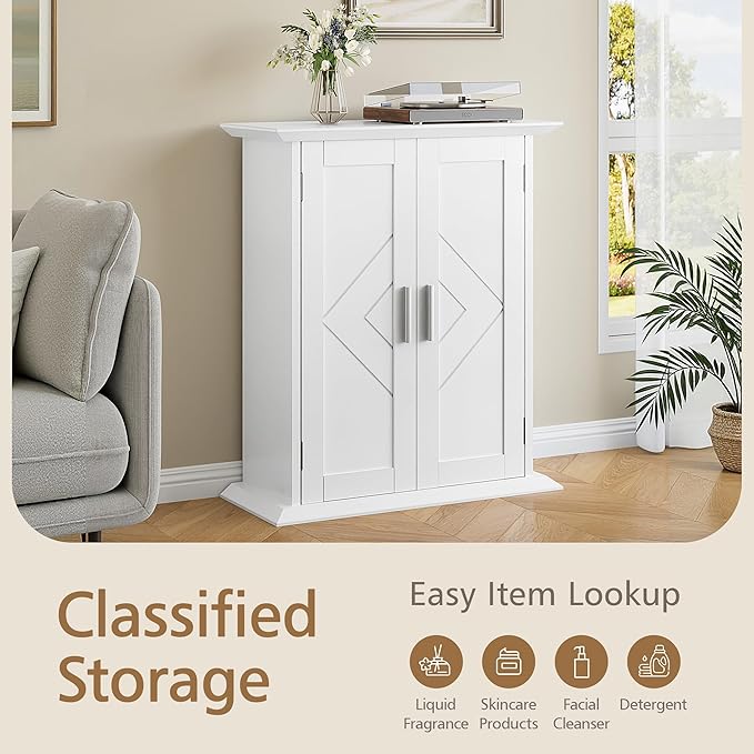 VECELO Freestanding Bathroom Storage Cabinet, Small Floor Cabinet with Doors and Adjustable Shelves, for Kitchen, Living Room, Laundry Room, Entryway, 21.1 x 8.78 x 24.02 Inches, White