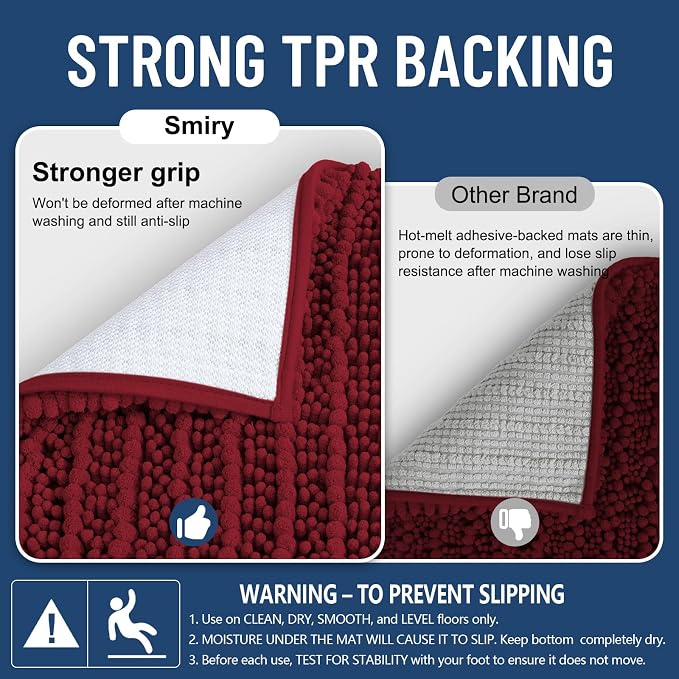 Smiry Bathroom Rugs Mat 44x24, Extra Soft Absorbent Chenille Bath Rugs, Non Slip Rubber Backing Machine Washable Quick Dry Bath Mats for Bathroom Floor, Tub, Shower, Home Decor Accessories, Red