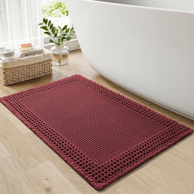 RESARE Waffle Bath Mat for Bathroom, Super Absorbent Bathroom Rugs Non Slip Machine Washable, Ultra Soft Quick Dry Boho Bath Rugs with Tassels, Farmhouse Home Decor Accessories, 18"x30" Dark Red