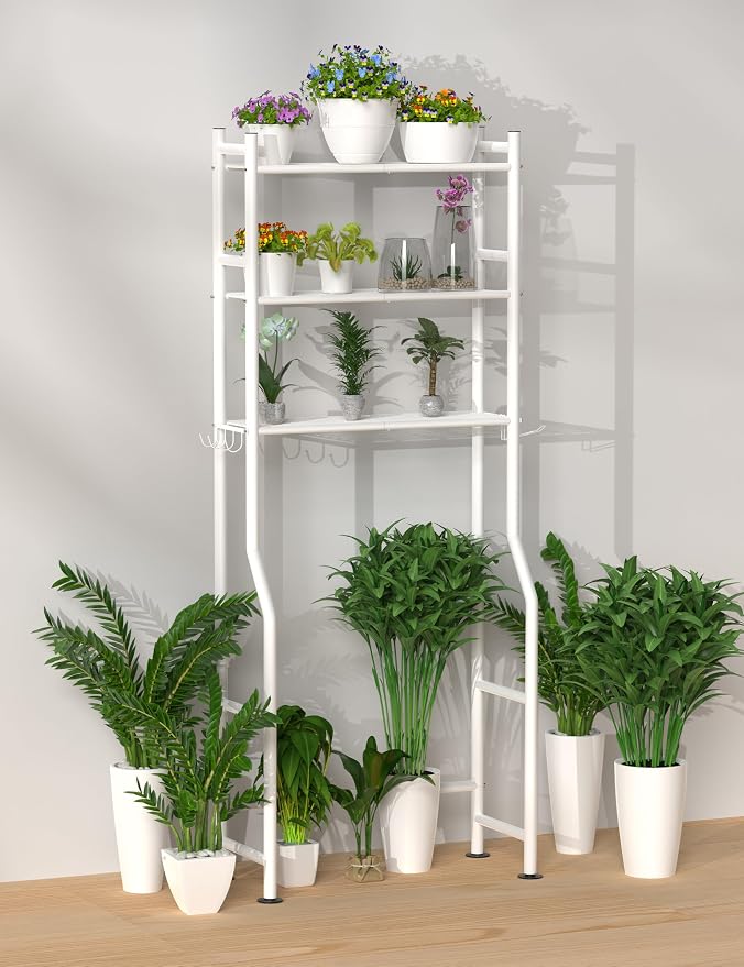 Livilord 3-Tier Over The Toilet Storage, Freestanding Metal Bathroom Shelves with 4 Hooks, Over Toilet Storage Shelf with Paper Holder, Above The Toilet Shelf for Bathroom Storage, White