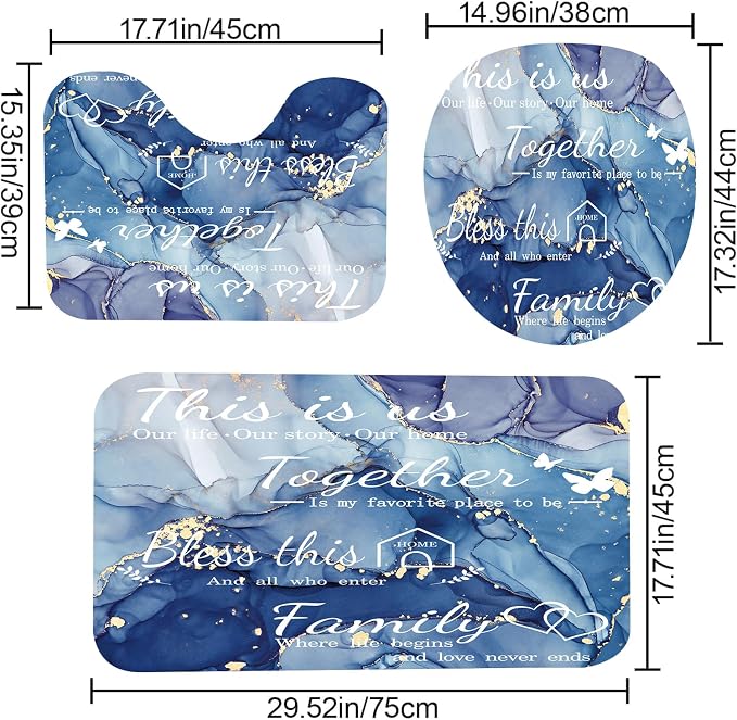 4Pcs Family Marble Shower Curtain Set,Blue Home Inspirational Bathroom Sets with Shower Curtain and Rugs, Bathroom Decor Set,Waterproof Bathroom Curtains Shower Set,with 12 Pcs Hooks