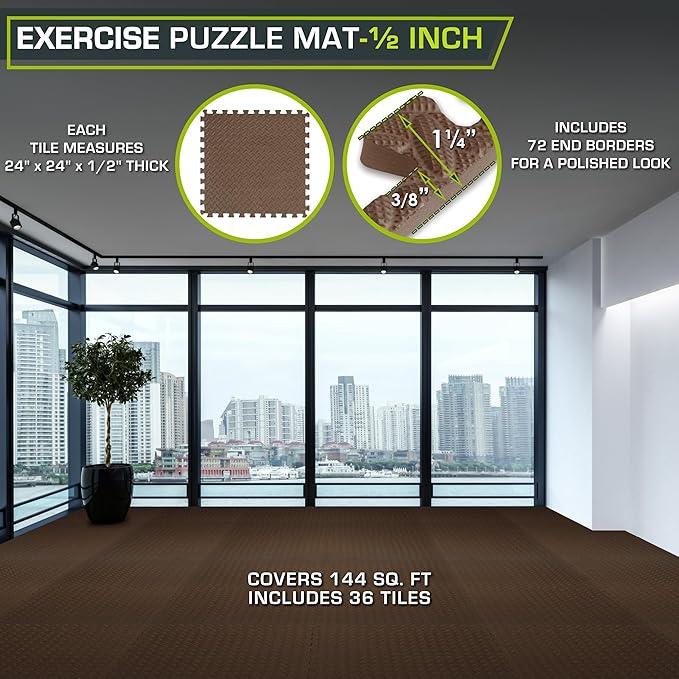 ProsourceFit Exercise Puzzle Mat 1/2-inch, EVA Interlocking Foam Floor Tiles for Home Gym, Workout Equipment, Kids Play Areas, Brown, 144 Sq Ft - 36 Tiles