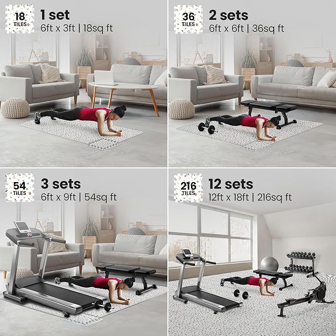 bemaxx Gym Mats Set - 18 pcs EVA Interlocking Foam Floor Tiles (12.6"x12.6"x0.4") 18sqft Protective Gym Flooring Sports Home Workout Exercise Mats Puzzle Garage Fitness Play-Room Pool Treadmill Bike