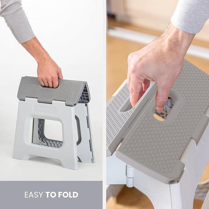 Vigar Compact Step Stool Foldable, 10-1/2-inch Step Stools for Adults up to 330 Pound, Lightweight Stool, Non-Slip Folding Step Stool, Gray