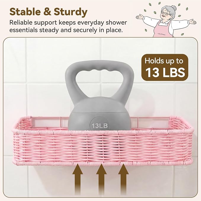 GRANNY SAYS 2 Pack Wicker Shower Caddy Hanging, Shower Shelf for Inside Showers, Adhesive Shelves for Bathroom Organizers and Storage, Bathroom Shelves Wall Mounted with 4 Hooks for Home Decor, Pink