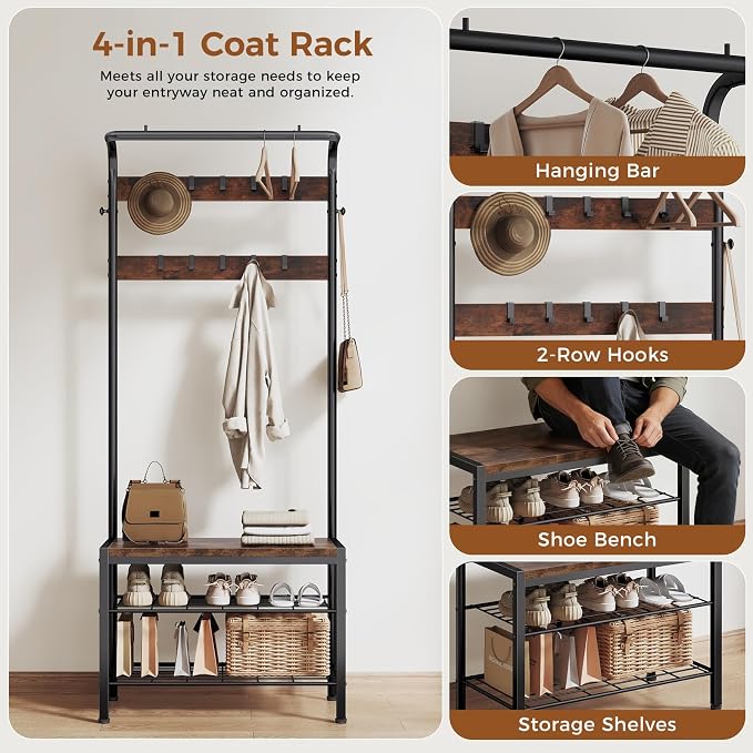 Hall Tree with Bench and Shoe Storage, 4-in-1 Entryway Organizer with 10 Hooks and Storage Shelf,Coat Rack Freestanding with 2-Tier Storage Shelf for Living Room, Bedroom Rustic