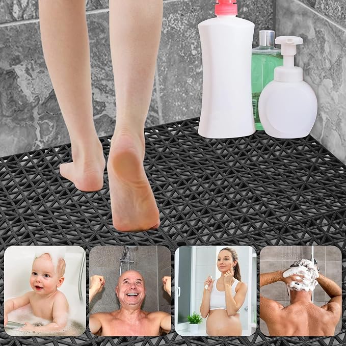 ToLanbbt Modular Interlocking Cushion 55P 11.8" x 11.8" Interlocking Rubber Floor Drain Holes Non-Slip Splicing Drainage Mats for Deck, Shower, Kitchen, Drain Pool, Sauna Bath, Indoor Outdoor (Black)