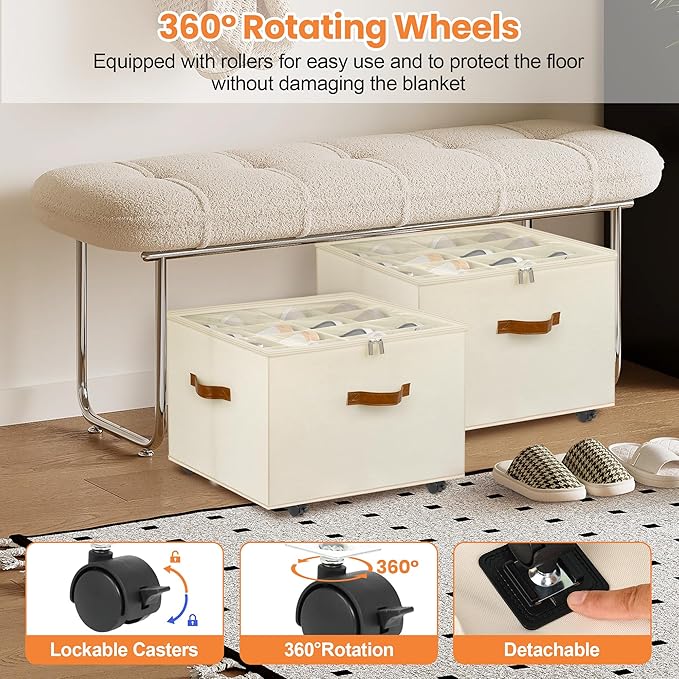 Foyego Shoe Organizer for Closet, Shoe Storage Organizer with Wheels and Adjustable Dividers, Stackable Shoe Storage Box with Clear Cover, Foldable Closet Shoe Organizer Fits up to 16-32 Pairs, Beige