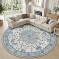 RELEANY Area Rugs Round 10ft Washable Non-Slip, Floral Vintage Distress Medallion Carpet for Living Room Bedroom Dining Room, Light Blue Navy Gray White