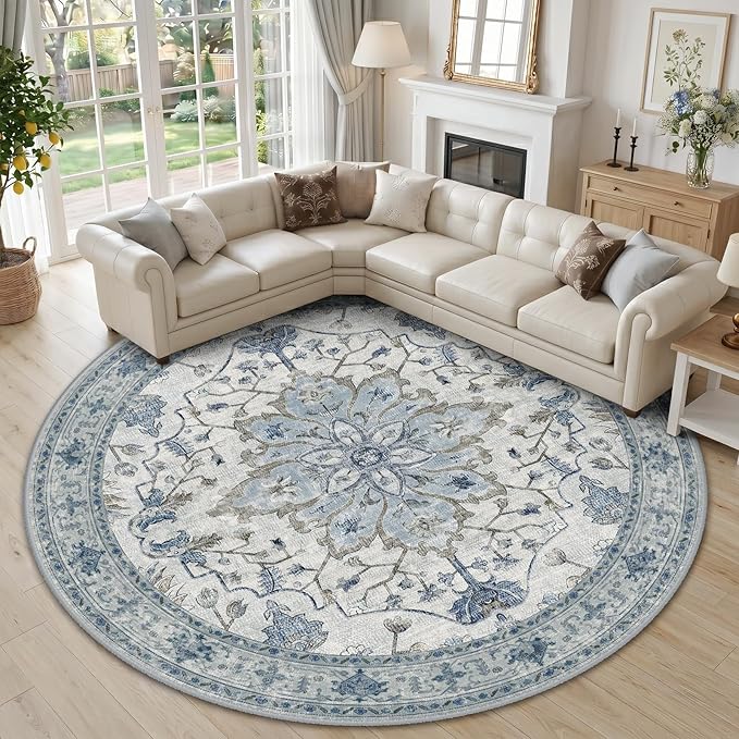 RELEANY Area Rugs Round 10ft Washable Non-Slip, Floral Vintage Distress Medallion Carpet for Living Room Bedroom Dining Room, Light Blue Navy Gray White