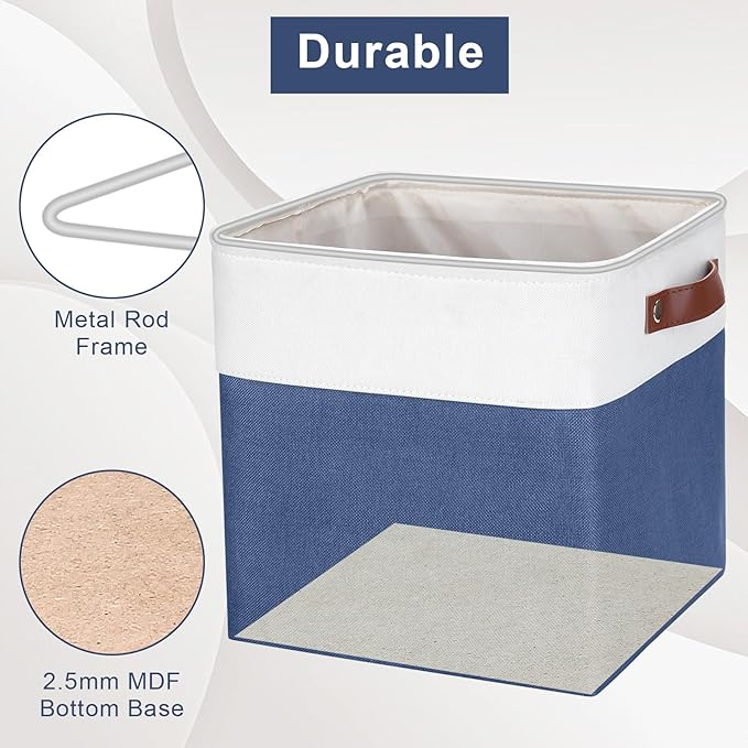 Bagnizer Collapsible Fabric Storage Cubes 11x11 Cube Storage Bins, 4 Pack Closet Baskets Box with Handles for Organizing, Shelf, Toys, Clothes, Home, Office, Nursery (Navyblue&White)