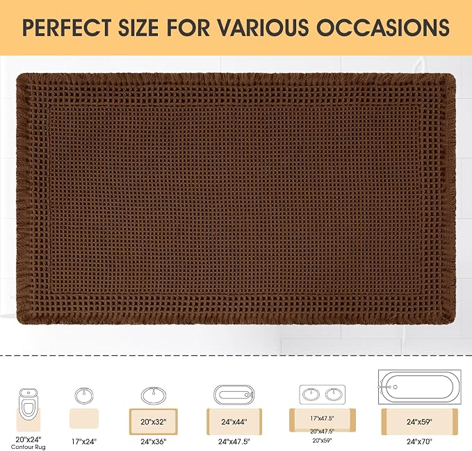 Waffle Bath Mat, Boho Woven Modern Bath Rug Absorbent Non Slip, Ultra Soft Bathroom Mats, Machine Washable Knit Bath Rugs with Border for Bathroom, Bedroom, Kitchen, Shower, Tub, 36"x24", Brown
