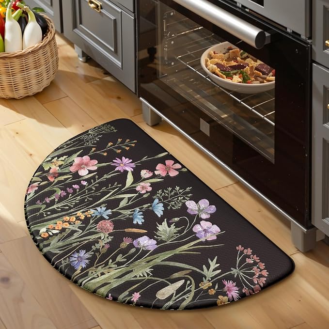 KIMODE Kitchen Mats Cushioned Anti Fatigue, 18"x28" Half Round Floral Kitchen Rug, Non Slip Waterproof Kitchen Floor Mats, Comfort Standing Mats for Laundry Office Sink Desk Black