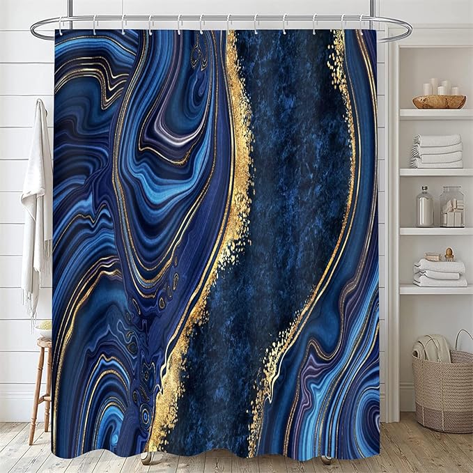 Nkzply 4 Pcs Blue Marble Shower Curtain Sets with Rugs Gold Bathroom Sets with Shower Curtain and Rugs Modern Abstract Bathroom Decor Accessories Shower Curtains for Bathroom Toilet Lid Cover