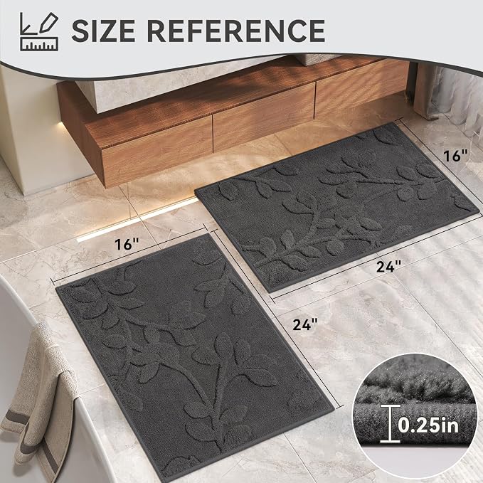 Bathroom Rugs Mat 16x24-2pc Quick Dry Absorbent Non Slip Bath Mat Bath Mats for Bathtub Mat Bathroom Carpet Fit Under Door Washable Floor Bath Rugs Grey