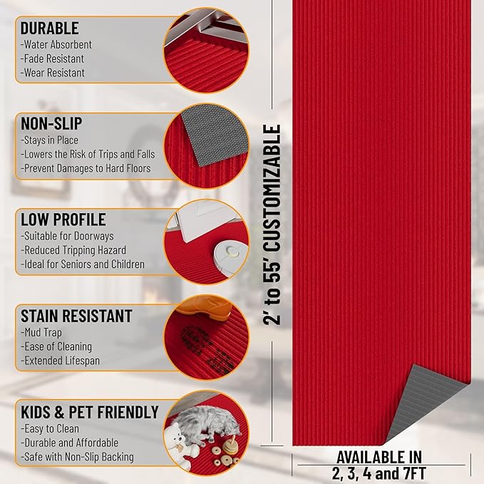 Ottomanson 2'7" x 19' Hallway Runner with Scraper Pile Extra Durable Non-Slip Rug Mat for Indoor & Outdoor Use - Ideal for Kitchen, Entryway, Patio & Garage - High-Traffic Carpet, Red