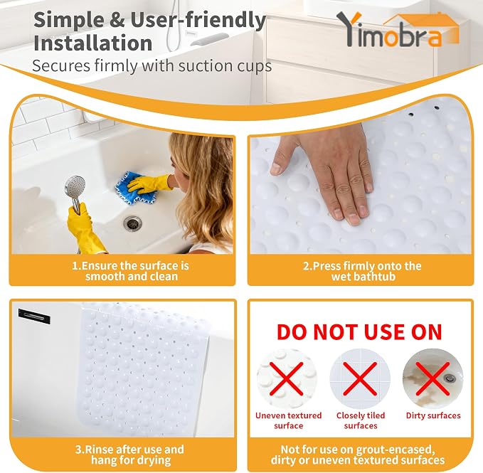 Yimobra Non Slip Bathtub Mat 40 x 16 Inch, Extra Long Shower Mat with Drain Holes, Machine Washable Baby Bath Mats, Strong Suction Cups for Bathroom Floor, White