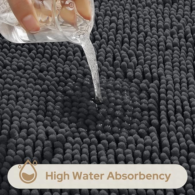 HOMEIDEAS 3 Pieces Bathroom Rugs, Ultra Soft Non Slip Absorbent Chenille Toilet Bath Mat Set,Grey-Dark Grey, 17"x24"+20"x32"+U Shape 20"x24"