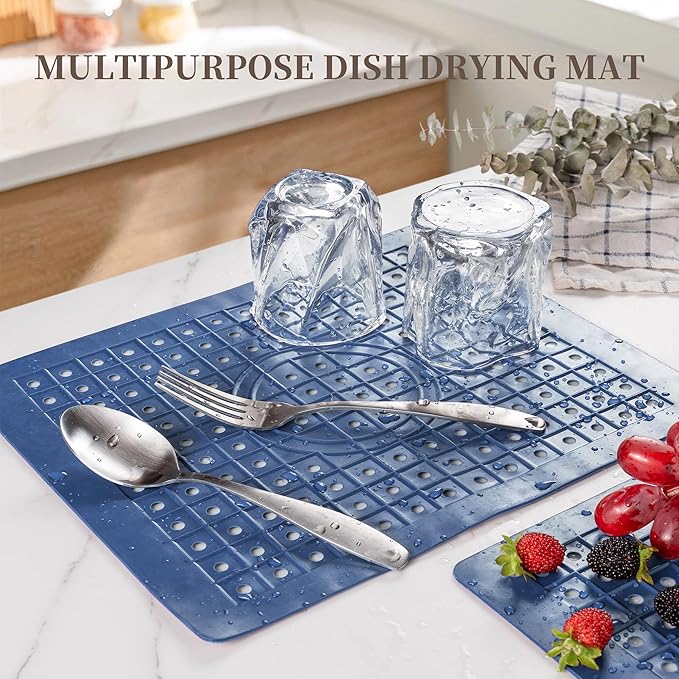 WILLKOMMEN Kitchen Sink Mat, 12" x 10" Dish Drying Mat, Rectangular Sink Protector Mats for Bottom of Kitchen Sink, Fast Draining Sink Mats Grid, 2 Pack Dark Blue