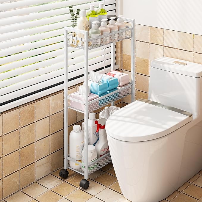 YASONIC Slim Rolling Storage Cart, Metal 3 Tier Bathroom Storage Organizer Laundry Room Utility Cart for Kitchen, Bthroom, Makeup, Craft, Laundry Narrow Places, White