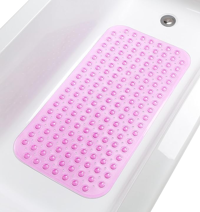Large Non-Slip Bathtub & Shower Mat 31”x16” (Smooth/Non-Textured Tubs Only) Safe, Clean, Machine-Washable, Superior Grip&Drainage, Vinyl, Transparent Pink