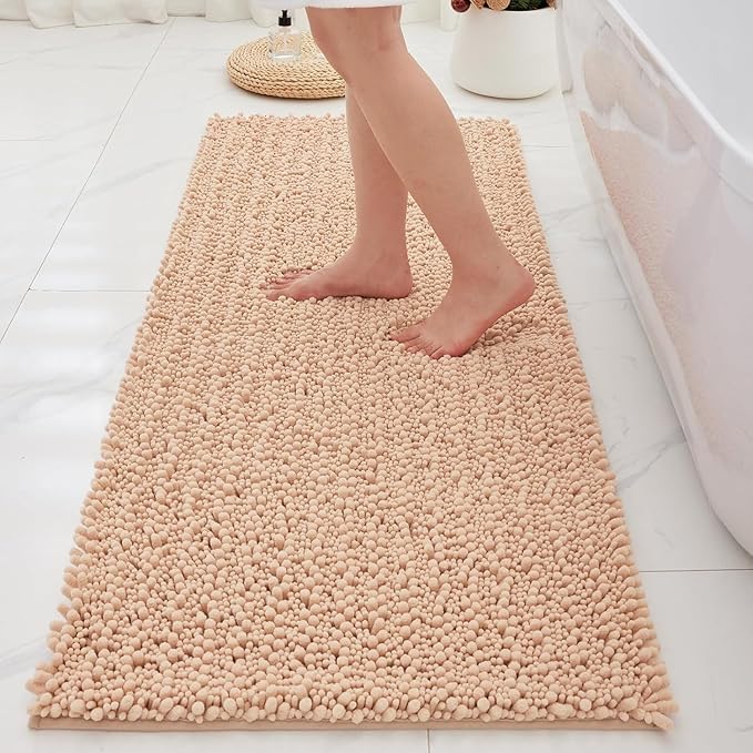 Bathroom Rugs Non Slip Washable 55x24, Extra Thick Soft Chenille Absorbent Bath Mat, High Density Barrier Non Slip Backing, Quick Dry Plush Shaggy Floor Carpet for Tub&Shower, Beige