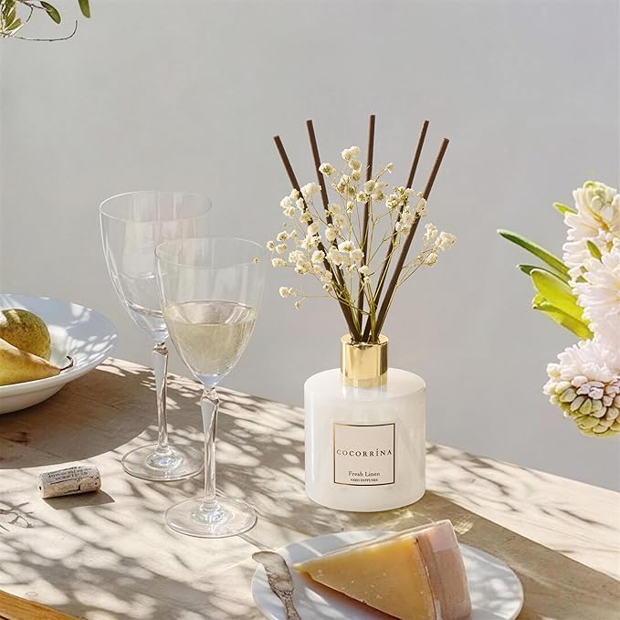COCORRÍNA Reed Diffuser - Fresh Linen 6.7 fl oz Reed Diffuser with Sticks, Home Bedrrom Bathroom Shelf Decor