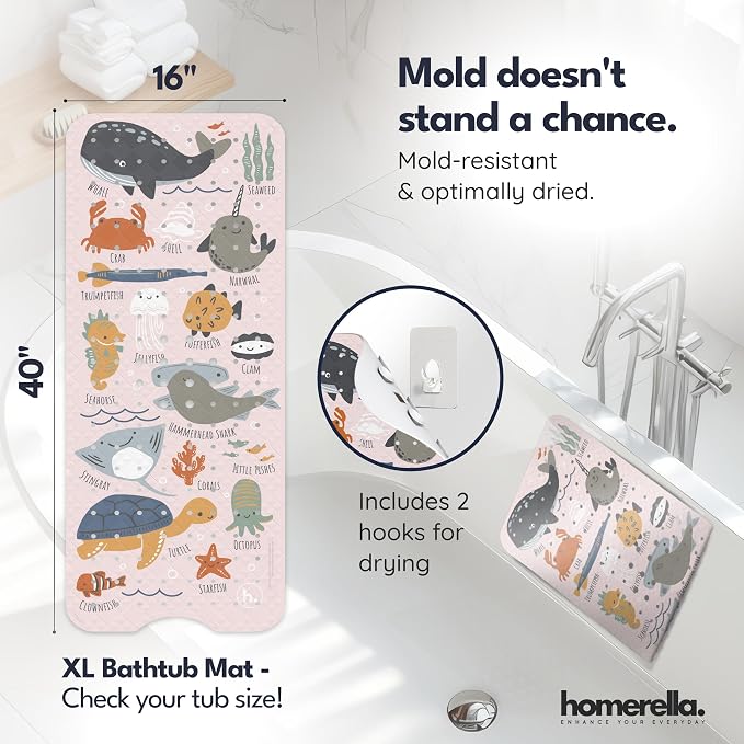 Bath Tub Mat Non Slip Anti Mold for Kids BPA Free INCL Hooks - homerella® Ocean Sea Animals 40x16, Baby Bath Mat Non Slip 200 Suction Cups, Non Toxic Machine Washable Toddler Bath Mat, EU Certified