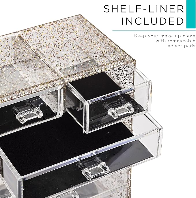 Sorbus Acrylic Makeup Organizer Set, 6-Drawer Vanity & Countertop Cosmetic Storage with Small & Wide Compartments, Glitter Makeup Storage for Brushes, Jewelry – Holiday Gift for Women & Teens