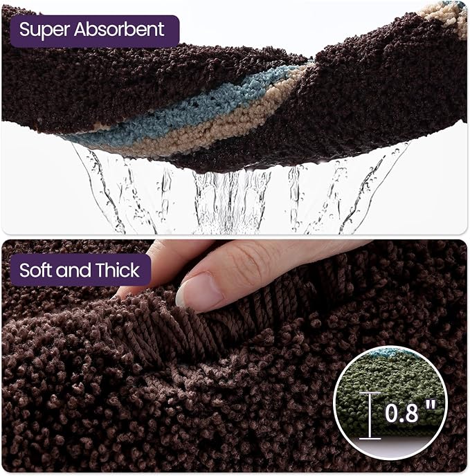 DEXI Bathroom Rugs 43x24, Absorbent Extra Soft Plush Microfiber Bath Mat for Bathroom, Non Slip Washable Bathmat Quick Dry for Shower Floor, Sink, Tub, Laundry Room, Green and Brown