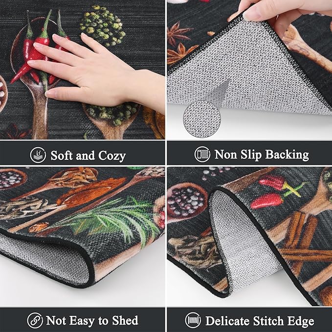 Vaukki Boho Kitchen Rug Sets 3 Pieces, Washable Kitchen Mats for Floor, Non Slip Soft Kitchen Area Rug Floor Mat for Kitchen, Laundry Room and Hallway (Spice-Black, 20''x32''+20''x47''+20''x59'')