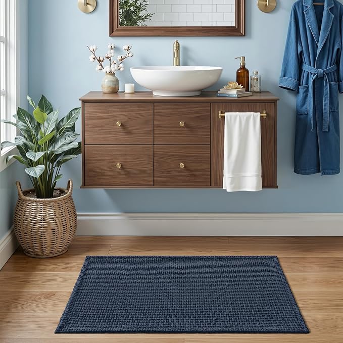 DEXI Bathroom Rugs 32x20, Non Slip Washable Bath Mat, Absorbent Chenille Bathmat, Ultra Soft Thick Carpet for Tub Shower Floor, Navy