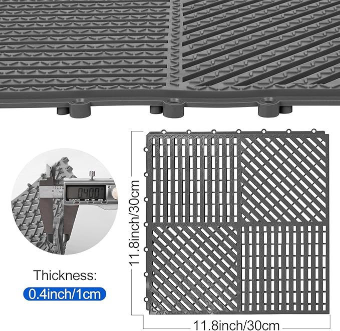 ToLanbbt Modular Interlocking Cushion 12P 11.8" x 11.8" Interlocking Rubber Floor Drain Holes Non-Slip Splicing Drainage Mats for Deck, Shower, Kitchen, Drain Pool, Sauna Bath (Dark Grey, Diagonal)