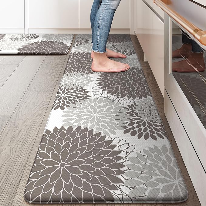 Anti Fatigue Kitchen Mats,Non Slip Boho Dahlia Kitchen Rugs Sets 2 Piece, Waterproof Farmhouse Kitchen Mat for Floor,Cushioned Standing Mat for Office,Laundry,Sink,Desk,Grey