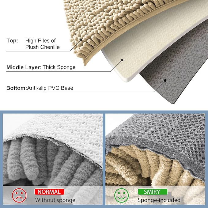 Smiry Bathroom Rugs Sets 2 Piece, Soft Absorbent Chenille Machine Washable Non Slip Shaggy Bath Rug Set for Tub, Shower, and Floor (34x21+24x16, Beige)