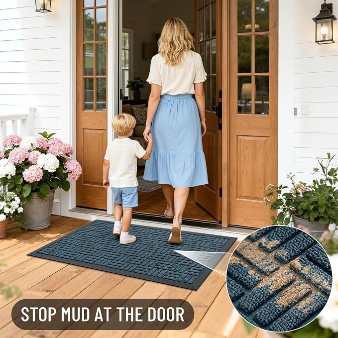 OLANLY Front Door Mat Outside Entrance 33x21, Absorbent, Heavy Duty Sturdy Natural Rubber Doormat Indoor Outdoor, Non-Slip, Stain and Fade Resistant, Low Profile Floor Mat for Entryway, Lake Blue